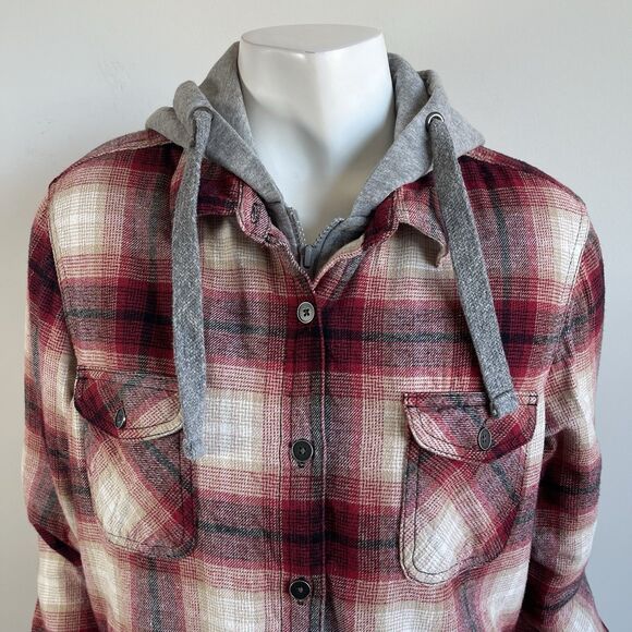 Natural Reflections Sherpa Lined Hoodie Shirt Jacket Womens L Red Plaid Flannel - Picture 3 of 16